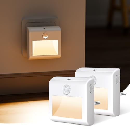 [2 Pezzi] Luce Notturna LED con Sensori di Movimento e Crepuscolare, Bianco Caldo, Luminosità Regolabile, Modalità AUTO/ON/OFF, Luci Notturne Bambini da Presa per Corridoio, Scale, Camera da Letto - Design e materiali