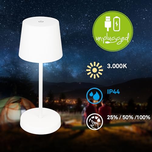 BRILONER - Lampada da tavolo a LED senza fili, lampada da comodino dimmerabile touch, lampada da scrivania, ricaricabile, a batteria, IP44, USB-C, luce bianca calda, 2,6W, 150lm, 105x260mm, bianco - Funzionalità e accessori