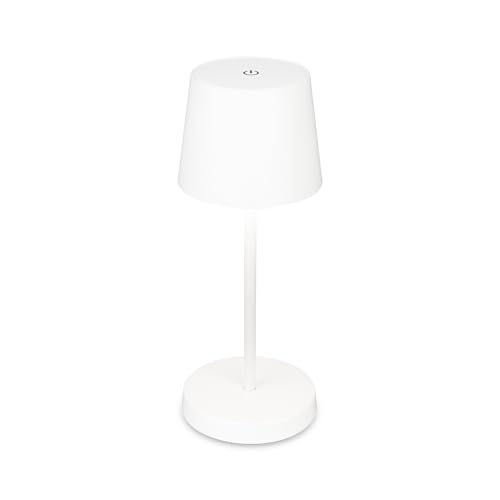 BRILONER - Lampada da tavolo a LED senza fili, lampada da comodino dimmerabile touch, lampada da scrivania, ricaricabile, a batteria, IP44, USB-C, luce bianca calda, 2,6W, 150lm, 105x260mm, bianco - Design e materiali