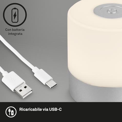 BRILONER - Mini lampada da tavolo senza fili, ricaricabile, a batteria, lampada da scrivania dimmerabile, abat jour, USB-C, lampada comodino senza fili, 2W 150lm 2.700K, 7x7 cm, Bianco Caldo, argento - Funzionalità e accessori