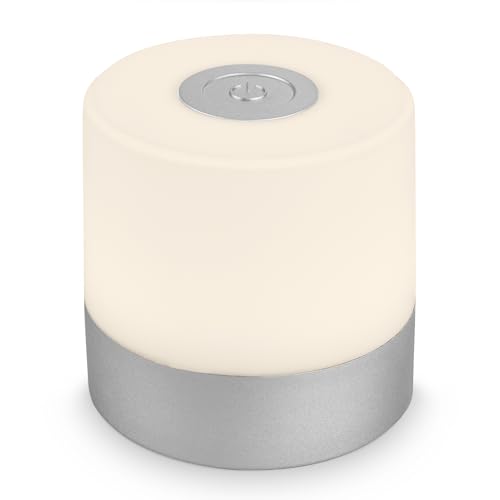 BRILONER - Mini lampada da tavolo senza fili, ricaricabile, a batteria, lampada da scrivania dimmerabile, abat jour, USB-C, lampada comodino senza fili, 2W 150lm 2.700K, 7x7 cm, Bianco Caldo, argento - Design e materiali