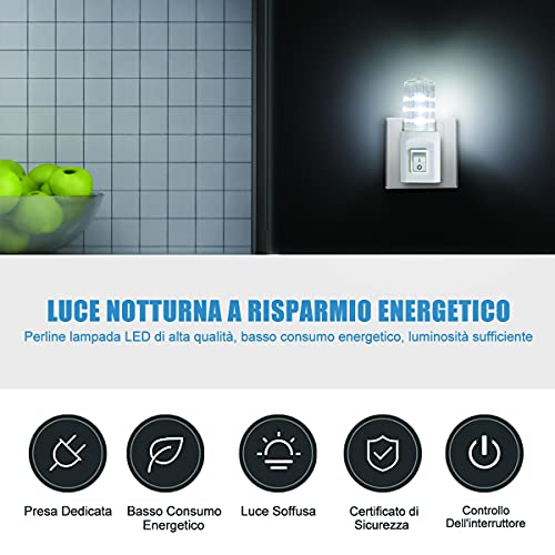 EXTRASTAR Luce Notturna LED, 2 Pezzi Interruttore retrò, Luce fredda Plug-And-Play per Camerette, Soggiorno, Corridoio, Bagno, Cucina, Scale - Funzionalità e accessori
