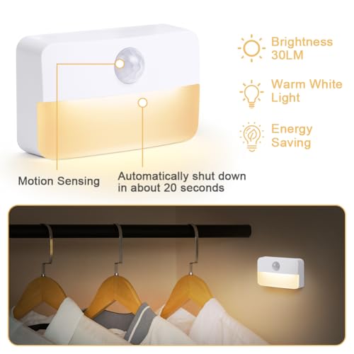 Hotut Luce Notturna con Batteria - 2 Pezzi Sensore Movimento Interno per Bambini, Bianca Calda per Cameretta, Corridoio, Scale, Cucina, Armadio, Soggiorno - Funzionalità e accessori