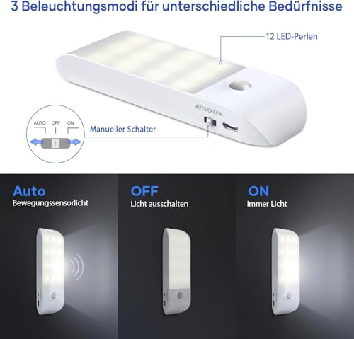 Luce Armadio con Sensore di Movimento, [4 Pezzi] Luce Notturna Ricaricabile Tipo-C Luci Notturne con 3 Modalità, Luce da Notte con Striscia Magnetica per Scala, Cucina, Corridoio, Garage, Bianco Caldo - Dettaglio recensione 4