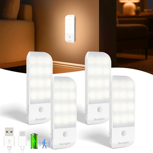 Luce Armadio con Sensore di Movimento, [4 Pezzi] Luce Notturna Ricaricabile Tipo-C Luci Notturne con 3 Modalità, Luce da Notte con Striscia Magnetica per Scala, Cucina, Corridoio, Garage, Bianco Caldo - Design e materiali