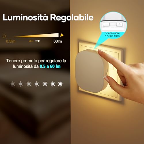 Suright 2 Pezz Luce Notturna Bambini, Luce Notturna da Presa con Sensore Movimento e Crepuscolare, Luminosità Regolabili, AUTO/ON/OFF, 2700K Lampada Notturna per Cameretta, Corridoio, Bagno e Cucina - Prova pratica