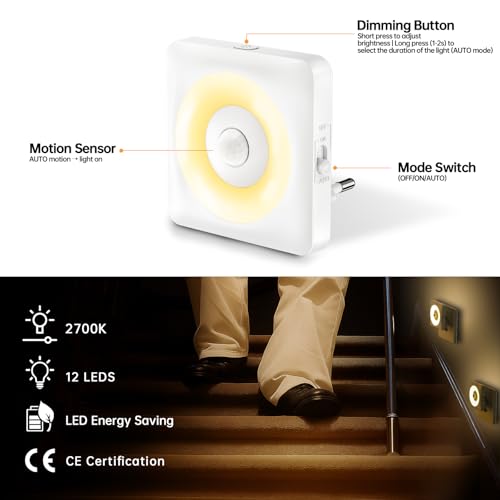 Swoieltr Luce Notturna Bambini da Presa, [2 Pezzi] 2700K Luci Notturne con Sensore Movimento Modalità Sensore o Sempre Accesa Regolabile, Certificata CE per Interni da Letto, Soggiorno e Bagno - Funzionalità e accessori
